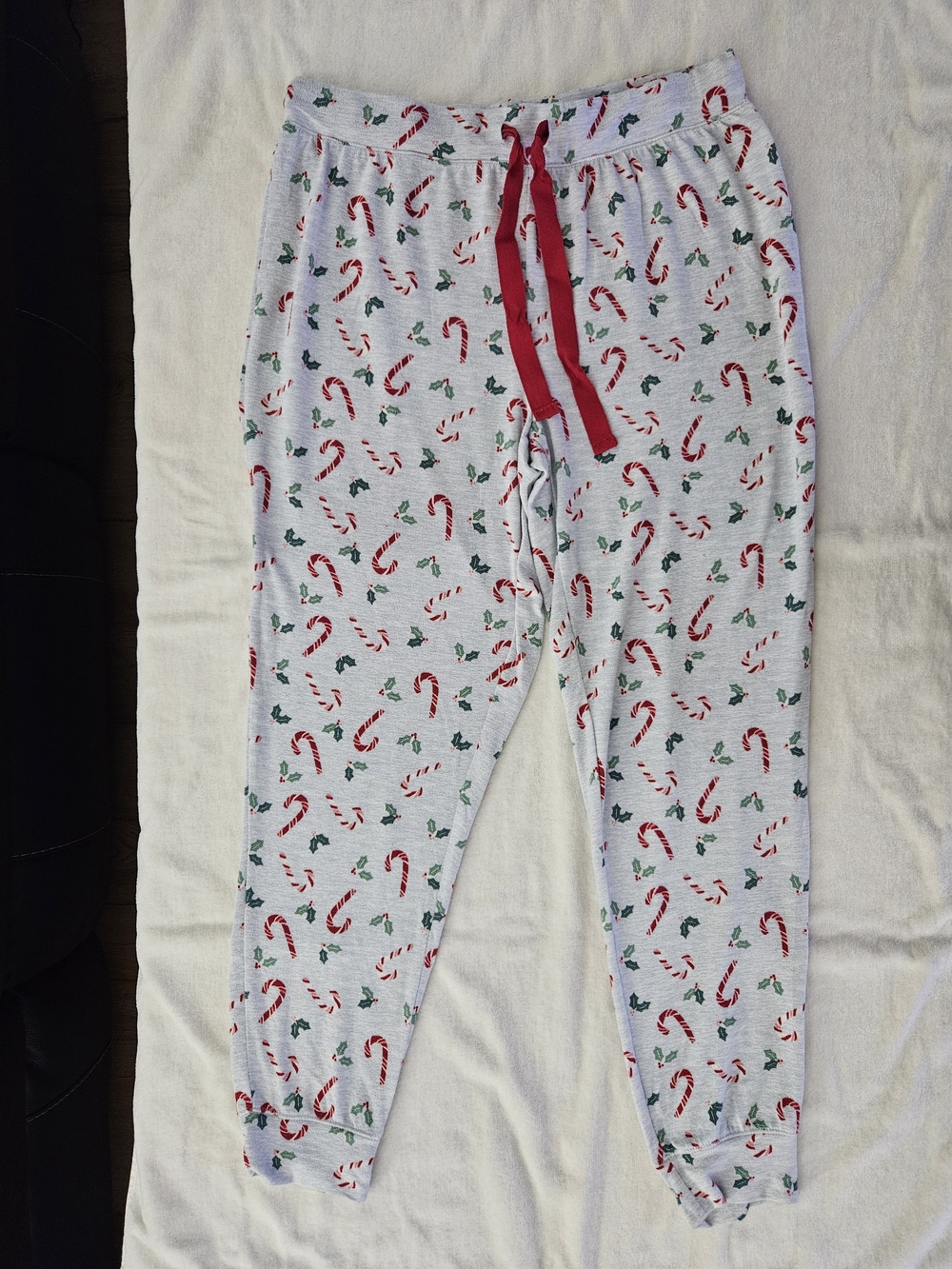 Christmas Candy Cane Holly Jogger Pajama Pants Grey Red Size Medium